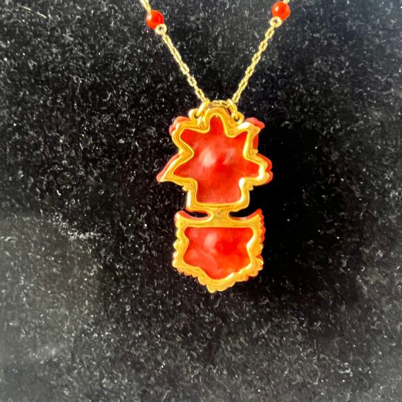 Y2K Joan Rivers Coral Enamel Pendant Necklace Gold Tone Chain Retro Rhinestone - Picture 9 of 13